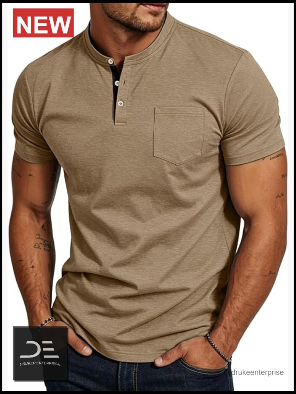 Short Sleeve Henley Shirt with Chest Pocket Casual Summer Tee